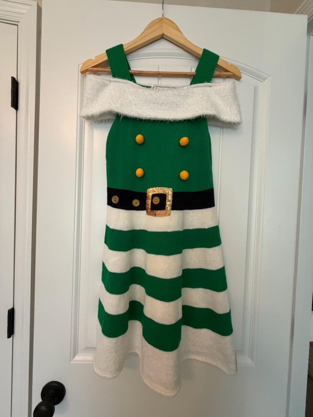 Green and White Elf Dress Costume with Gold Accents